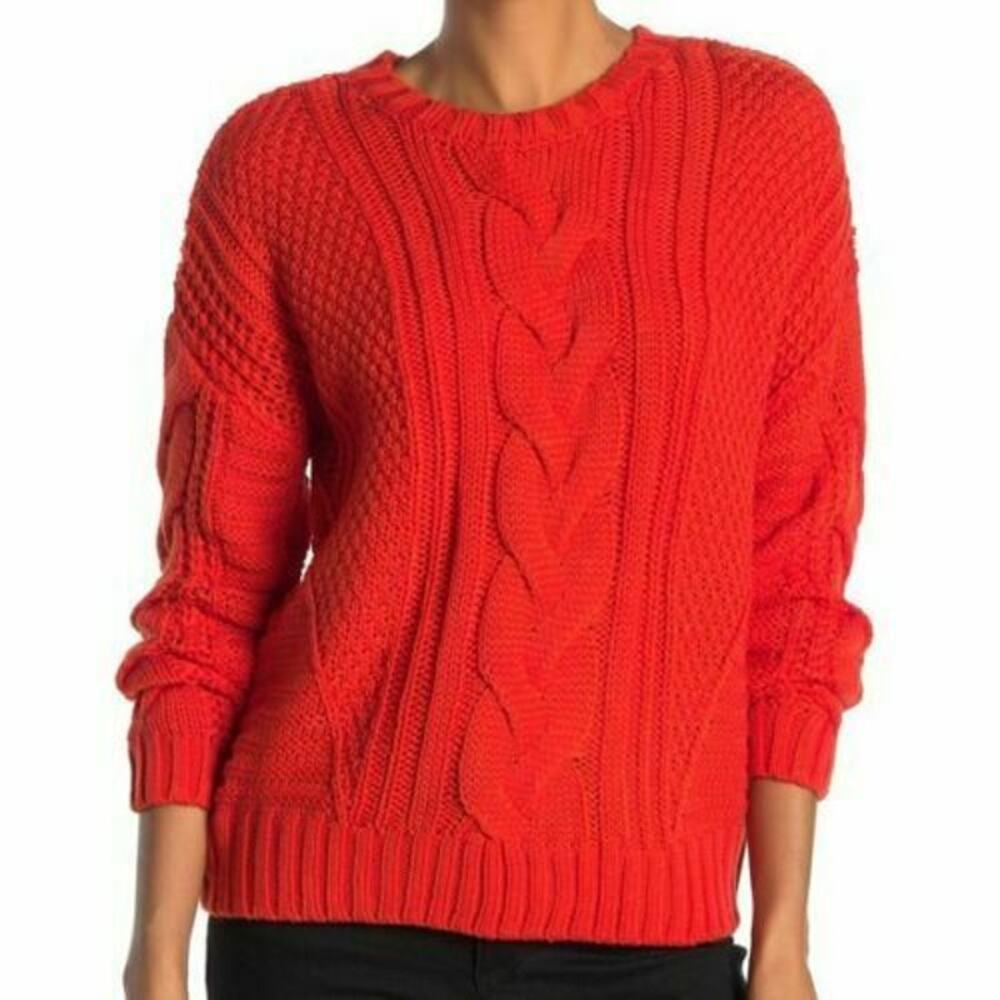 One A Pullover Sweater Long Sleeve Crew Neck Cable Knit Solid Red Size Small